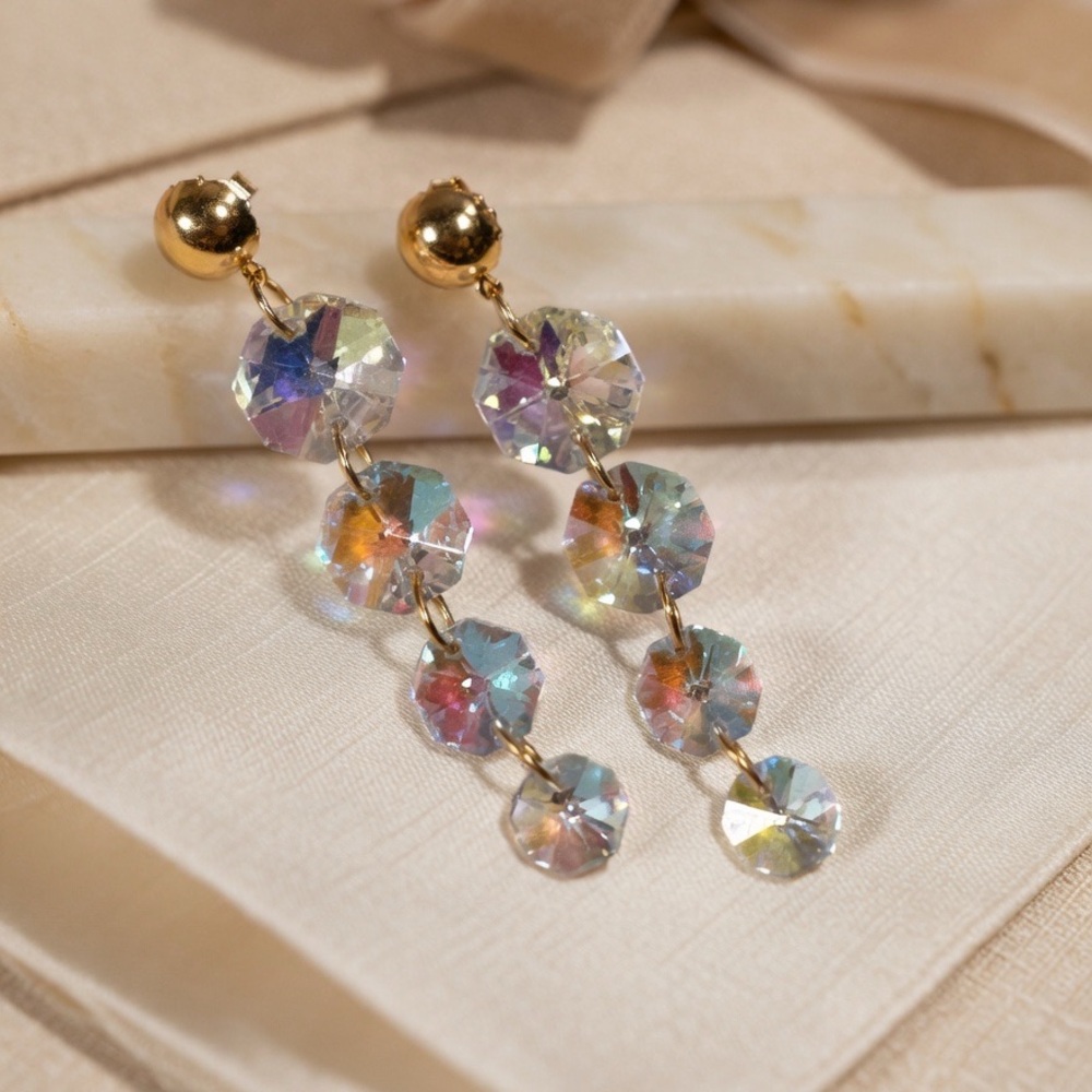 Vintage Aurora Borealis Faux Crystal Dangle Earrings Rainbow Faceted Cascade